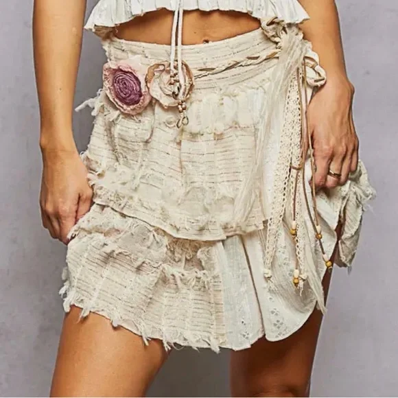 POL -Shirring and Raw Hem Ruffled Cotton skirt S-L 2026 spring - Picture 2 of 4